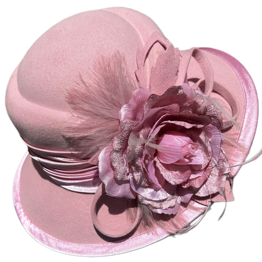 Something Special 100% Felt Pink Brim ribbon feathers Ladies Dress Hat Floral - Picture 4 of 12